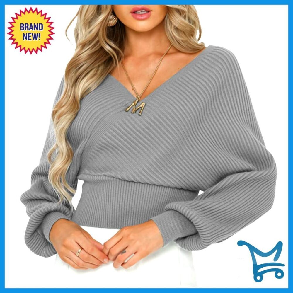 V Neck Cropped Wrap Sweater Lantern Sleeve Pullover Ribbed Knit Drop Shoulder